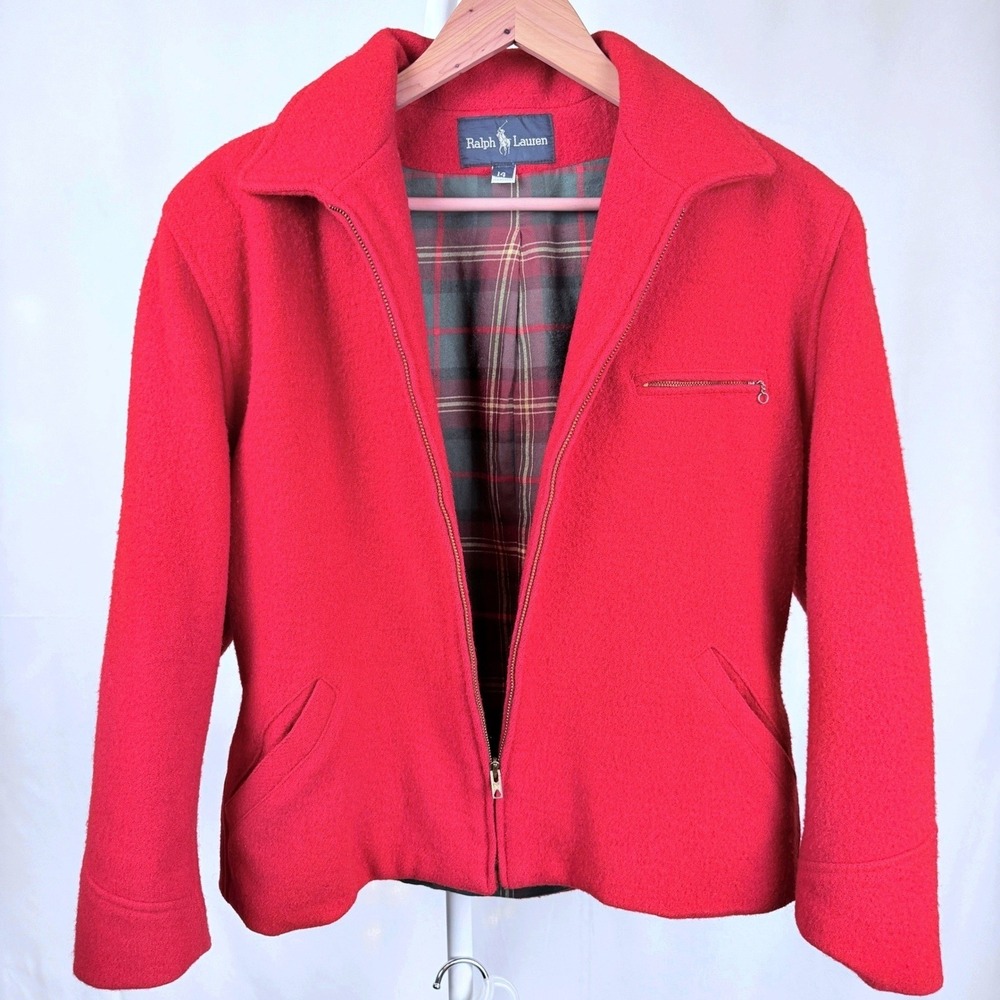 Vintage 80s Ralph Lauren Red Wool Jacket Plaid Lined Made USA Womens 14